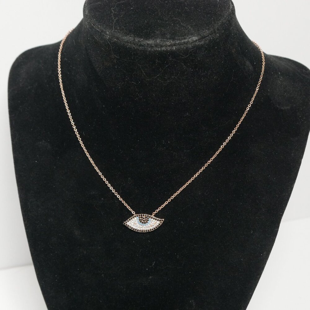 Pierre Lang Crystal Pave Evil Eye Necklace Pendant Rose Gold Plated
